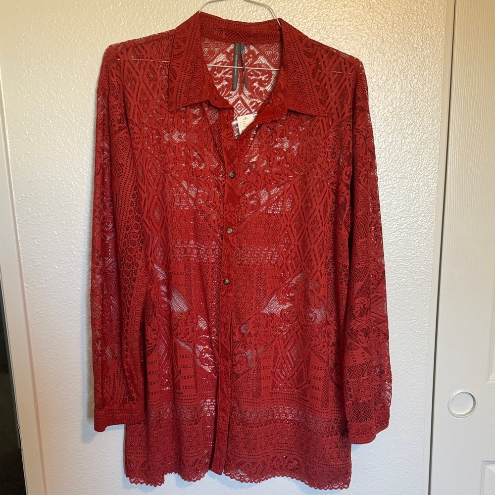 Anthropologie Red Lace Button-Up Shirt / Mini Dress